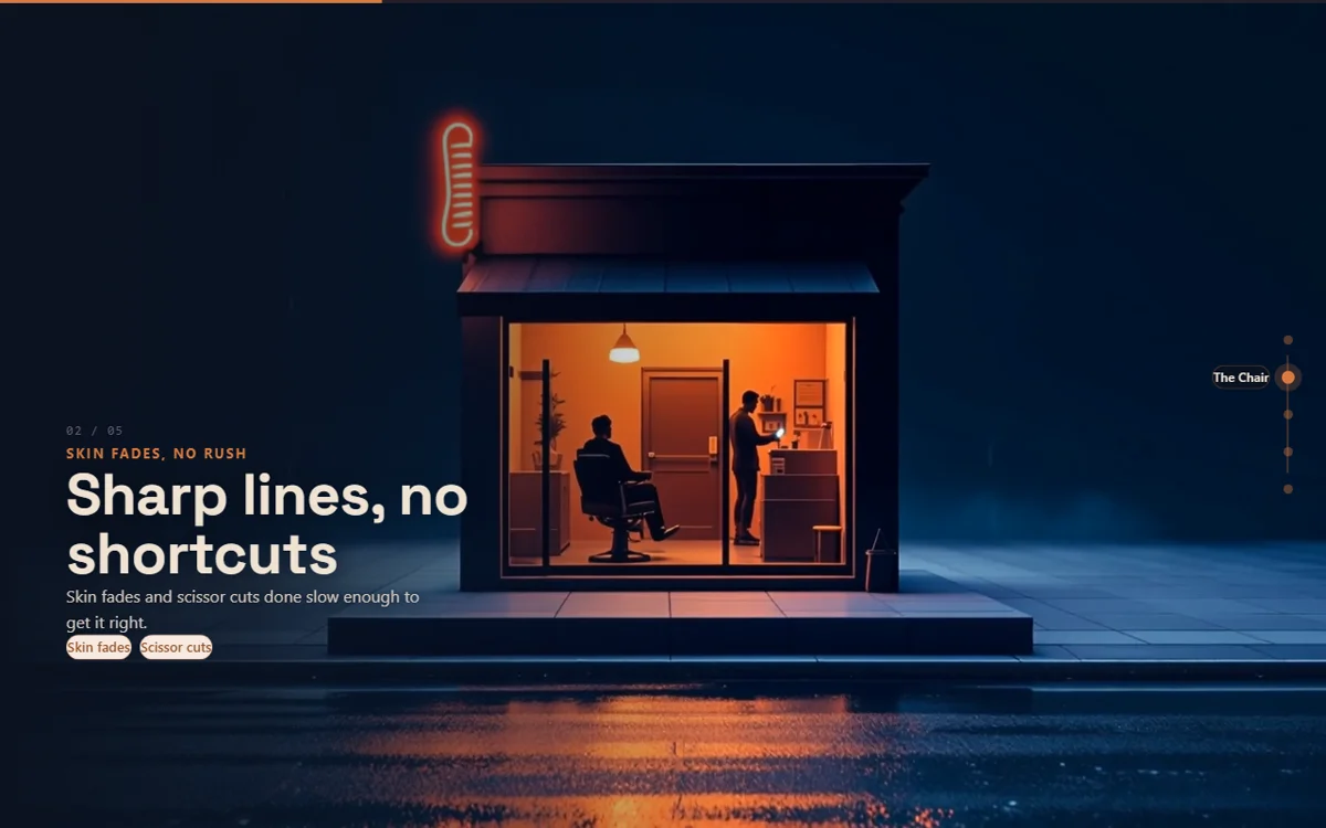 Fade District neon-night scroll-world website — barbershop demo