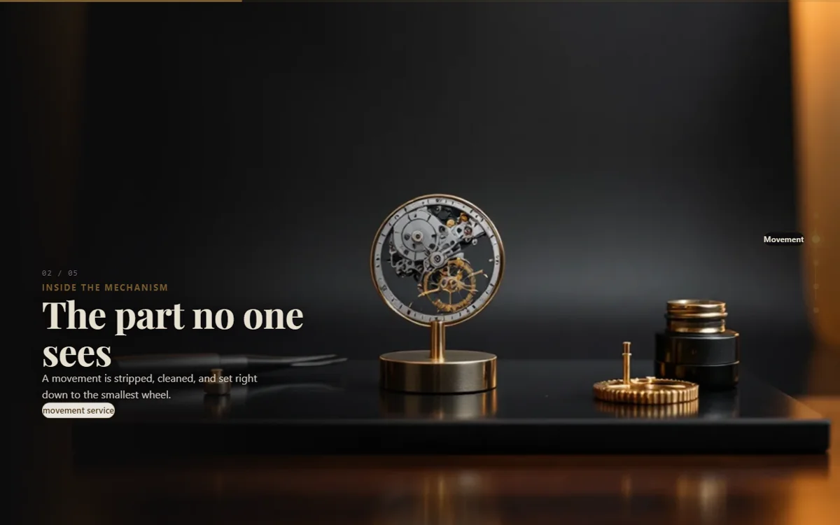Meridian & Sons luxe-noir scroll-world website — watch atelier demo